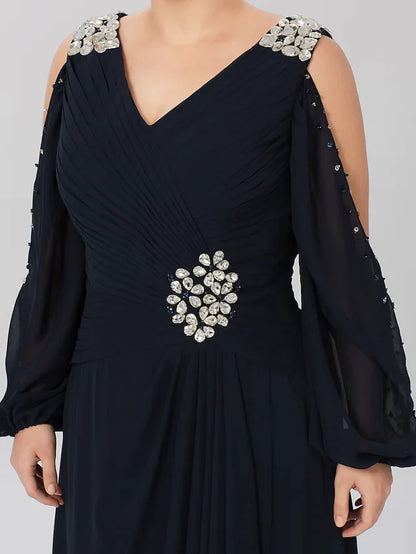 Mother of the Bride Dress Classic & Timeless Elegant & Luxurious Plus Size V Neck Asymmetrical Chiffon Stretch Satin Long Sleeve with Criss Cross Crystals