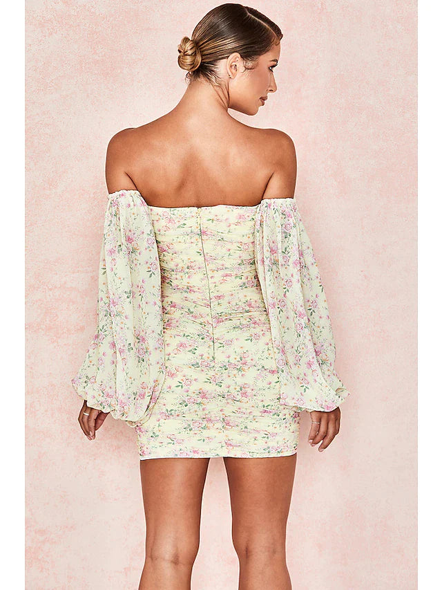 Sexy Floral Party Wear Cocktail Party Dress Off Shoulder Long Sleeve Short Mini Spandex with Ruched Pattern Print