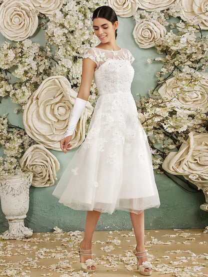 A-Line Wedding Dresses Knee Length Chiffon Sleeveless See-Through with Sequin Appliques