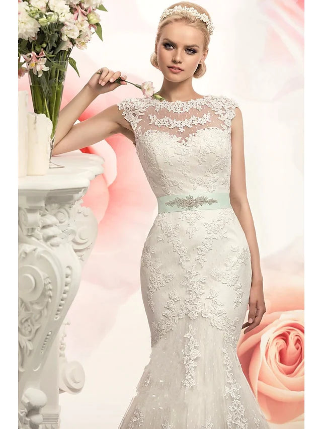 Mermaid Trumpet Wedding Dresses Jewel Neck Court Train Lace Tulle Cap Sleeve with Appliques