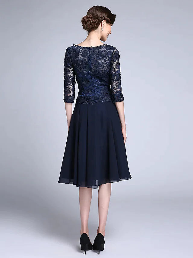 Mother of the Bride Dress Elegant V Neck Knee Length Chiffon Sheer Lace Half Sleeve with Lace