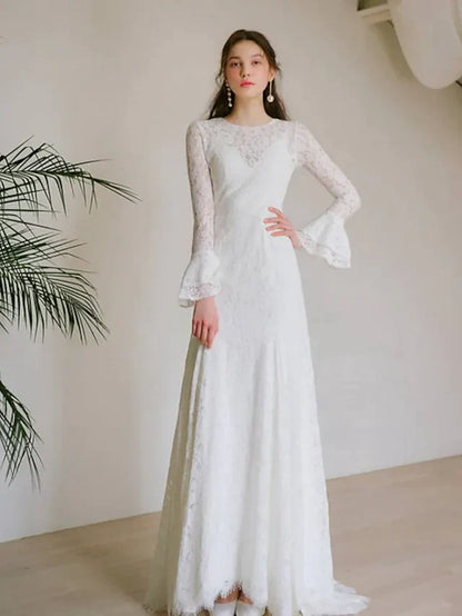 A-Line Wedding Dresses Jewel Neck Lace Long Sleeve Romantic with Appliques