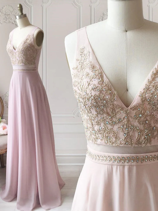 A Line V Neck Pink Lace Long Prom Dresses Lace Formal Bridesmaid Dresses