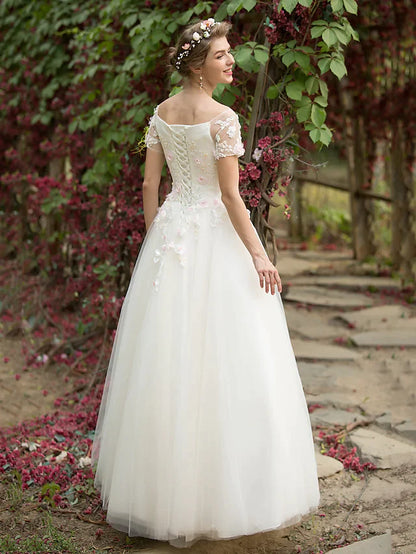 A-Line Wedding Dresses Bateau Neck Floor Length Tulle Short Sleeve with Beading Appliques Flower