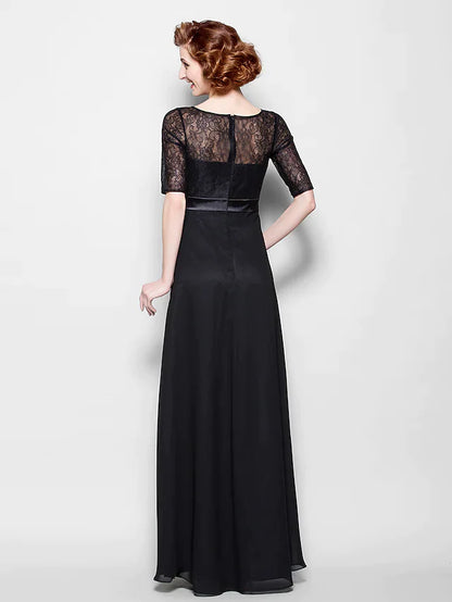 A-Line Mother of the Bride Dress Jewel Neck Floor Length Chiffon Lace Half Sleeve with Lace Sash Ribbon Crystal Brooch