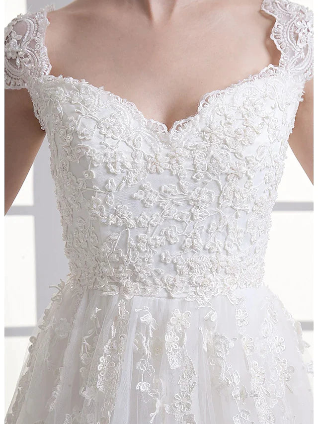 A-Line Wedding Dresses Sweetheart Neckline Court Train Lace Satin Tulle Cap Sleeve with Beading Appliques