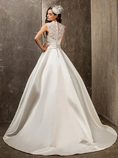 A-Line Wedding Dresses Queen Anne Lace Satin Sleeveless See-Through with Sash Ribbon Beading Appliques