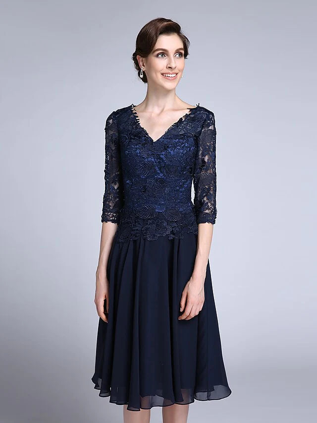 Mother of the Bride Dress Elegant V Neck Knee Length Chiffon Sheer Lace Half Sleeve with Lace