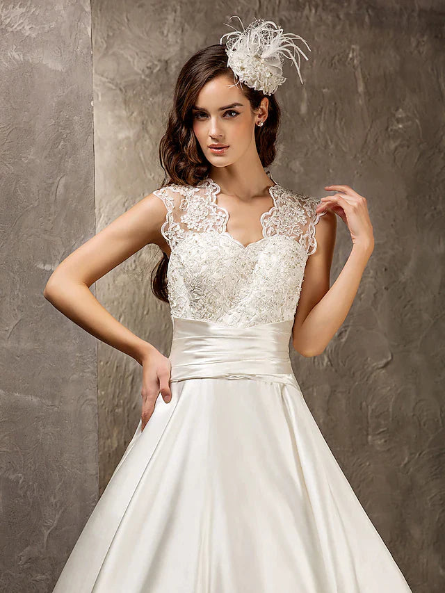 A-Line Wedding Dresses Queen Anne Lace Satin Sleeveless See-Through with Sash Ribbon Beading Appliques