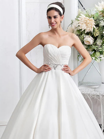 Princess A-Line Wedding Dresses Sweetheart Neckline Satin Sleeveless with Sash Ribbon Ruched Beading