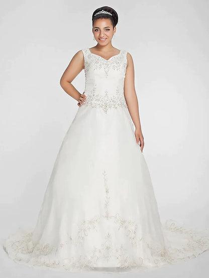 Ball Gown Wedding Dresses V Neck Court Train Organza Beaded Lace Regular Straps Formal Plus Size with Beading Embroidery