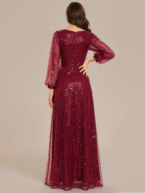 Shimmering All Over V-Neck Long Lantern Sleeve Sequin A-Line Evening Dress/Prom Dresses