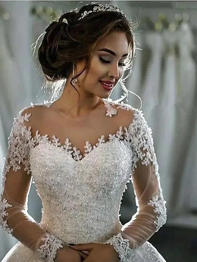 A-Line Wedding Dresses High Neck Court Train Lace Long Sleeve Country Glamorous Backless Illusion Sleeve with