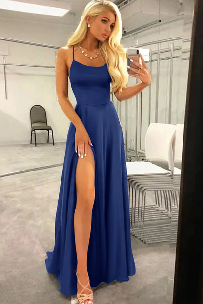 Navy Blue Square Neck Halter Lace-Up Back Backless A Line Satin Prom Dress