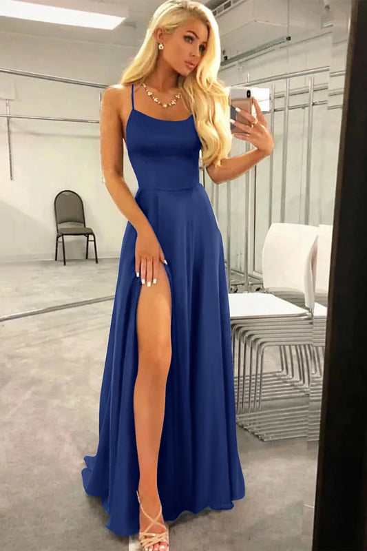 Navy Blue Square Neck Halter Lace-Up Back Backless A Line Satin Prom Dress