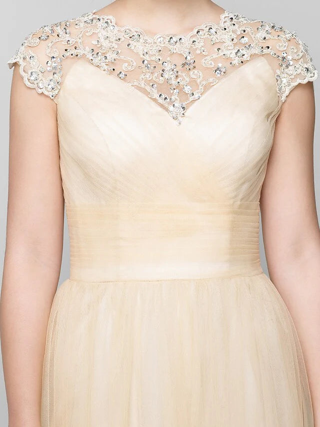 A-Line Mother of the Bride Dress See Through Jewel Neck Floor Length Tulle Sleeveless with Criss Cross Beading