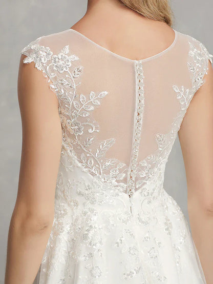 A-Line Wedding Dresses Jewel Neck Tea Length Lace Tulle Cap Sleeve Beautiful Back with Appliques