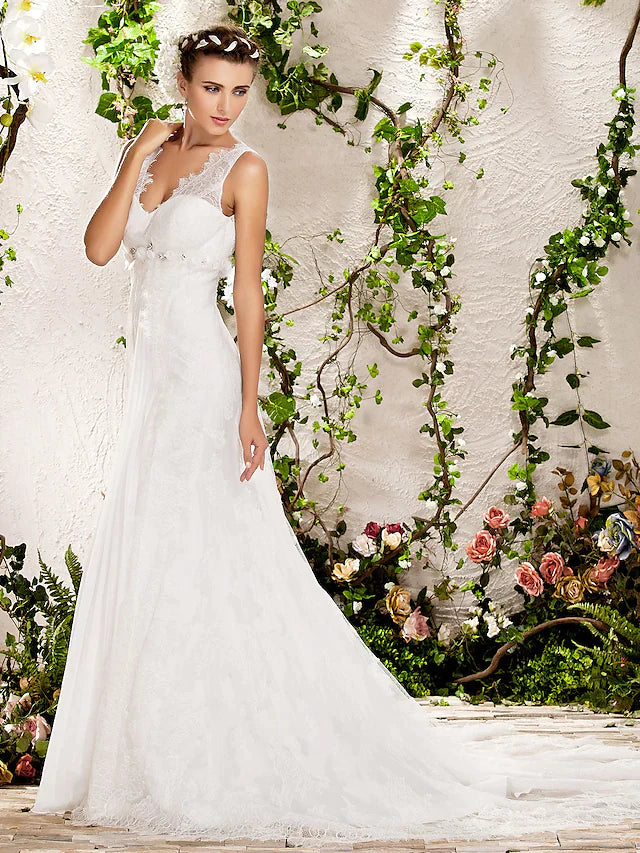 Wedding Dresses V Neck Chapel Train Lace Sleeveless