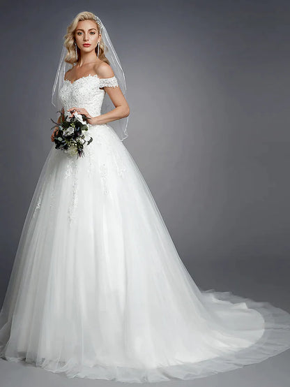 Ball Gown Wedding Dresses Off Shoulder Court Train Lace Tulle Short Sleeve Romantic Sparkle & Shine with Beading Appliques