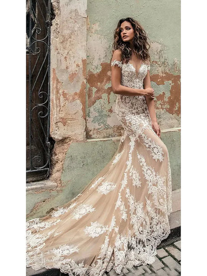 Wedding Dresses Off Shoulder Court Train Lace Regular Straps Country Formal Casual