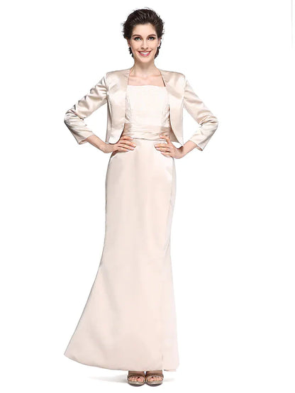 Mother of the Bride Dress Elegant Square Neck Ankle Length Satin Length Sleeve with Lace Ruched