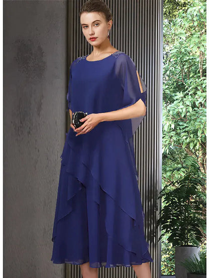 A-Line Blue Mother of the Bride Dress Elegant Jewel Neck Tea Length Chiffon Half Sleeve with Cascading Ruffles