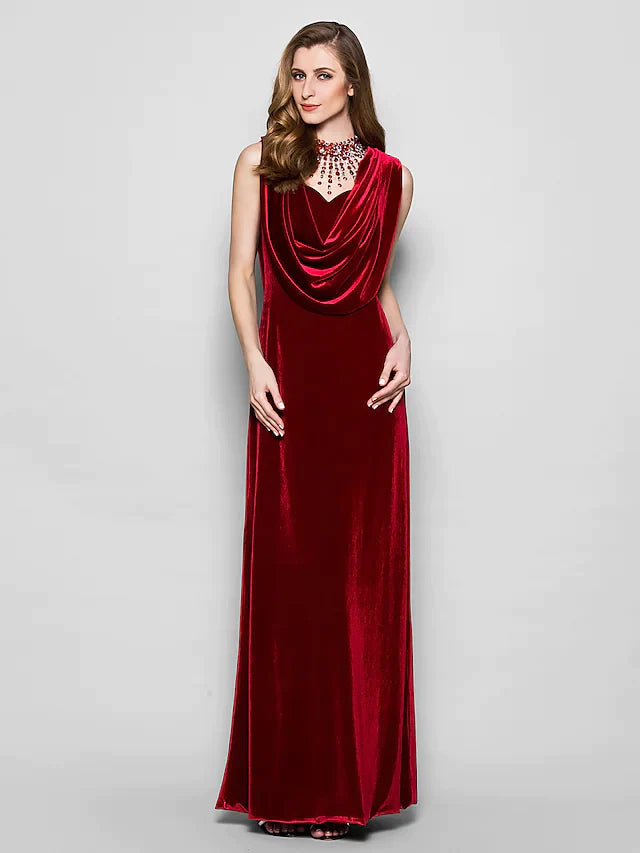 Mother of the Bride Dress Cowl Neck Floor Length Velvet Sleeveless with Crystals Beading