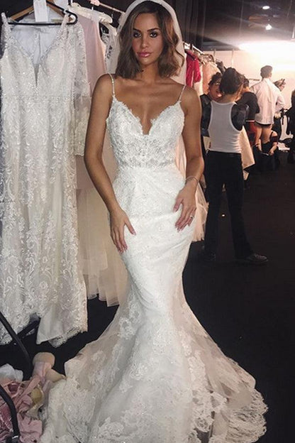 Wedding Dresses Lace Mermaid Sexy Spaghetti Straps Bride Dress