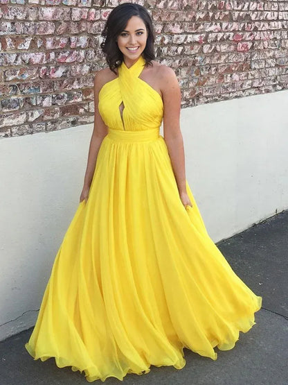 Open Back Criss Cross Halter Neck Yellow Chiffon Long Prom Dresses Formal Bridesmaid Dresses