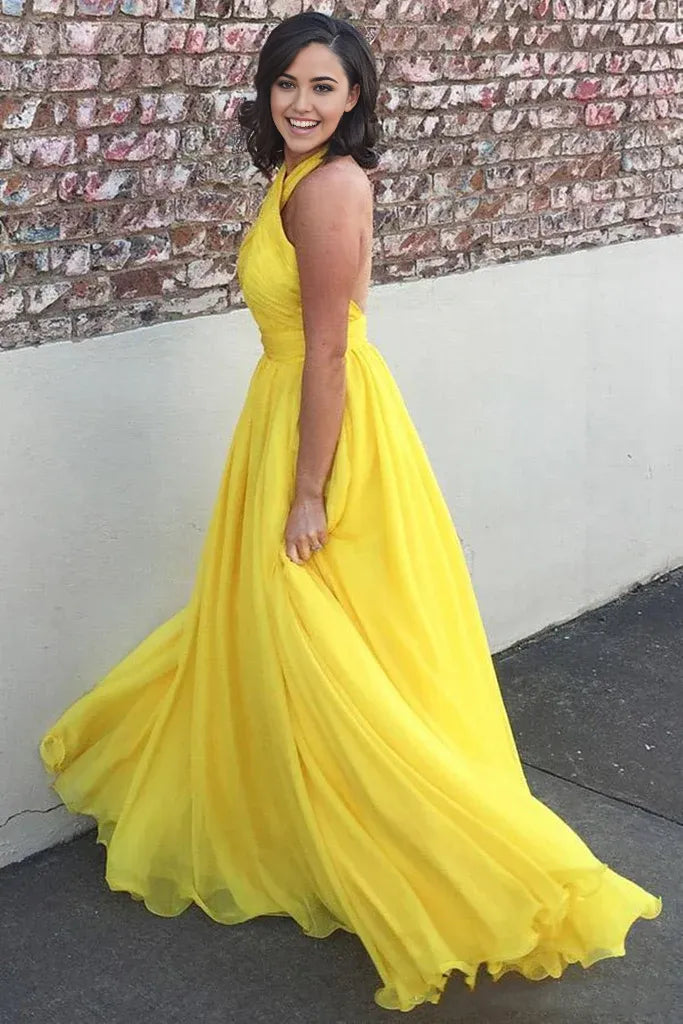 Open Back Criss Cross Halter Neck Yellow Chiffon Long Prom Dresses Formal Bridesmaid Dresses