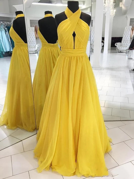 Open Back Criss Cross Halter Neck Yellow Chiffon Long Prom Dresses Formal Bridesmaid Dresses