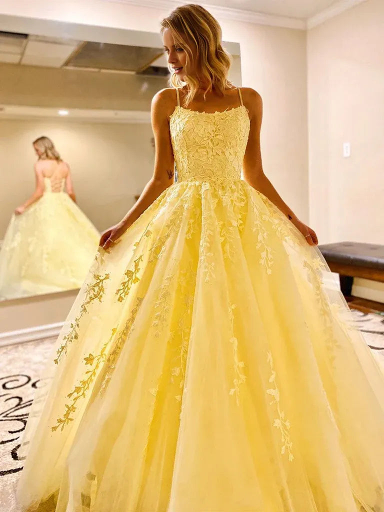 Backless Yellow Lace Prom Dresses Formal Evening Bridesmaid Dresses With Appliques