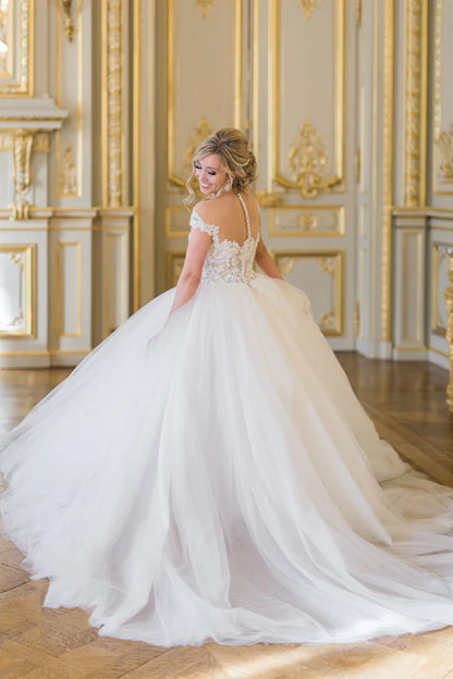 Ball Gown Elegant Cap Sleeves Lace Tulle Wedding Dress