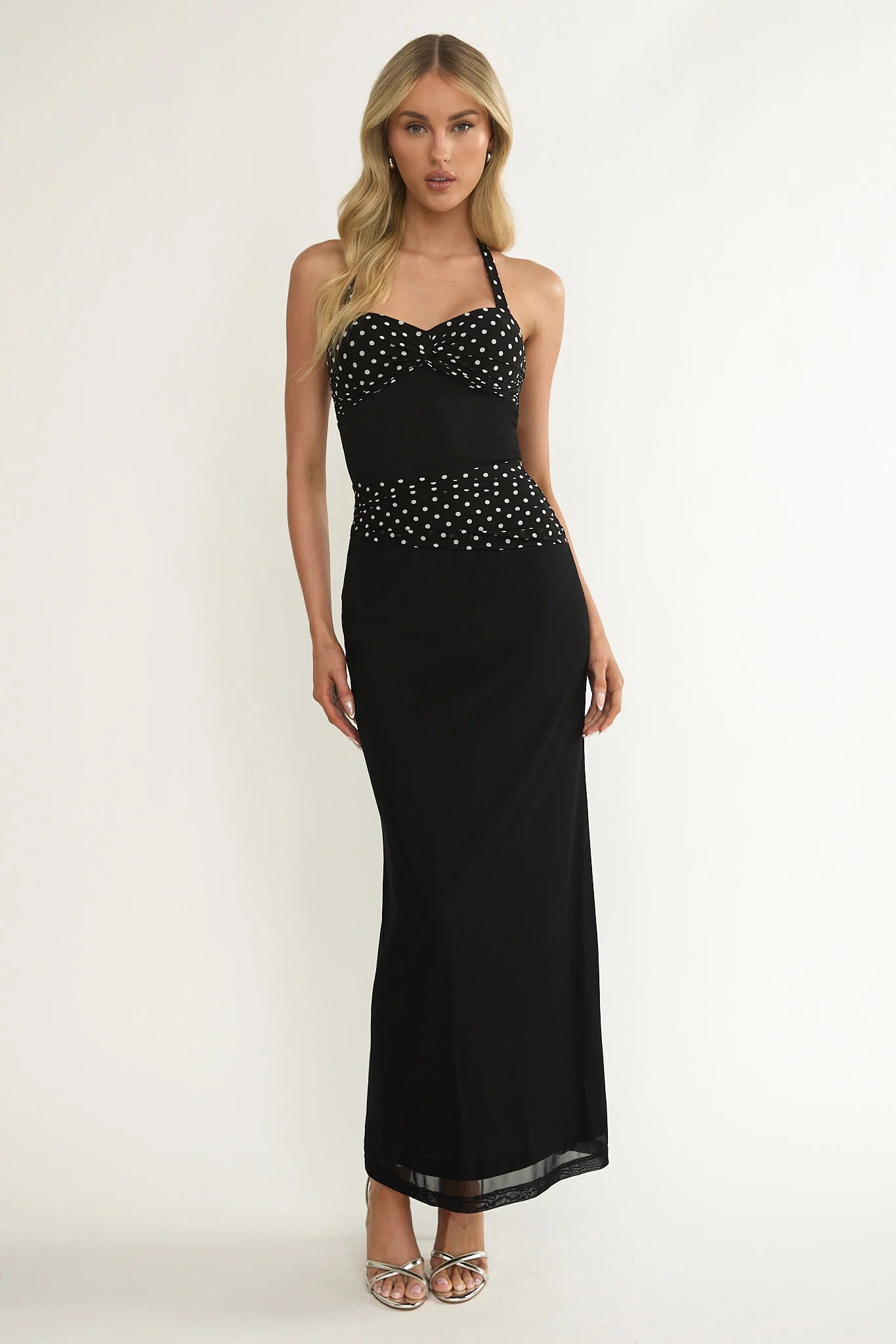 Black Polka Dot Halter Neck Maxi Evening Dress