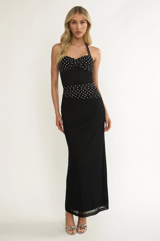 Black Polka Dot Halter Neck Maxi Evening Dress