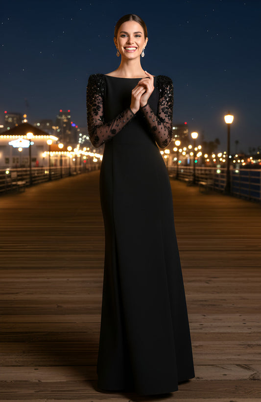 Black Sequin Long Sleeve Slim-Fitting Evening Dress for Party Banquet Wedding Formal Occasions