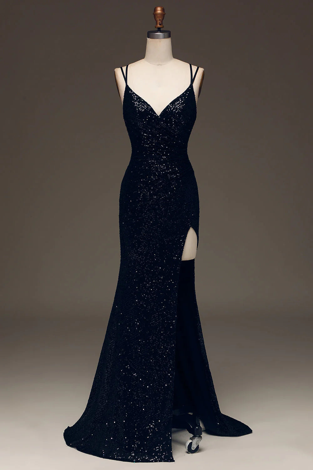 Black V-Neck Sparkly Sequin Spaghetti Strap Mermaid Long Prom Dress With Slit