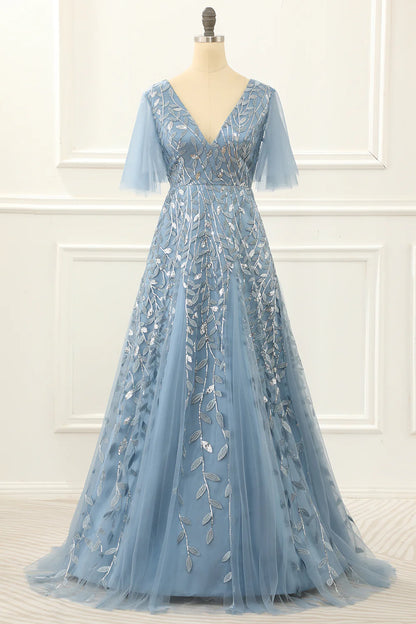Blue V-Neck A Line Tulle Half Sleeve Prom Dress with Lace Appliques ﻿