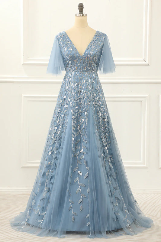 Blue V-Neck A Line Tulle Half Sleeve Prom Dress with Lace Appliques ﻿