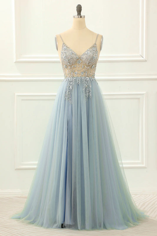 Blue V-Neck Spaghetti Strap Tulle A Line Floor-Length Sparkly Prom Dress With Beaded