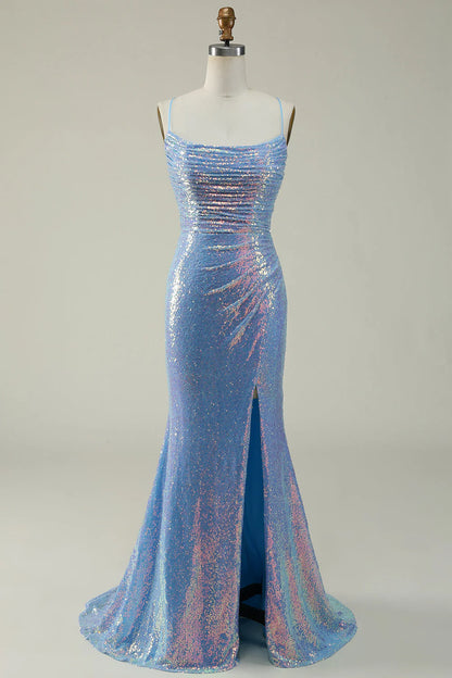 Blue Square Neck Sequined Spaghetti Straps Pleats Mermaid Prom Dress With Split Fork