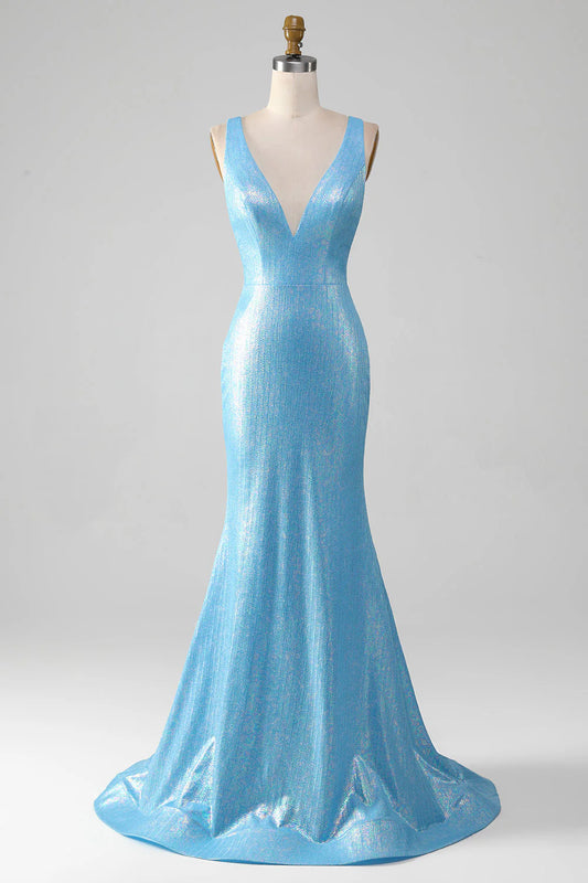Glitter Blue Mermaid V-Neck Backless Slim-fit Long Prom Dress