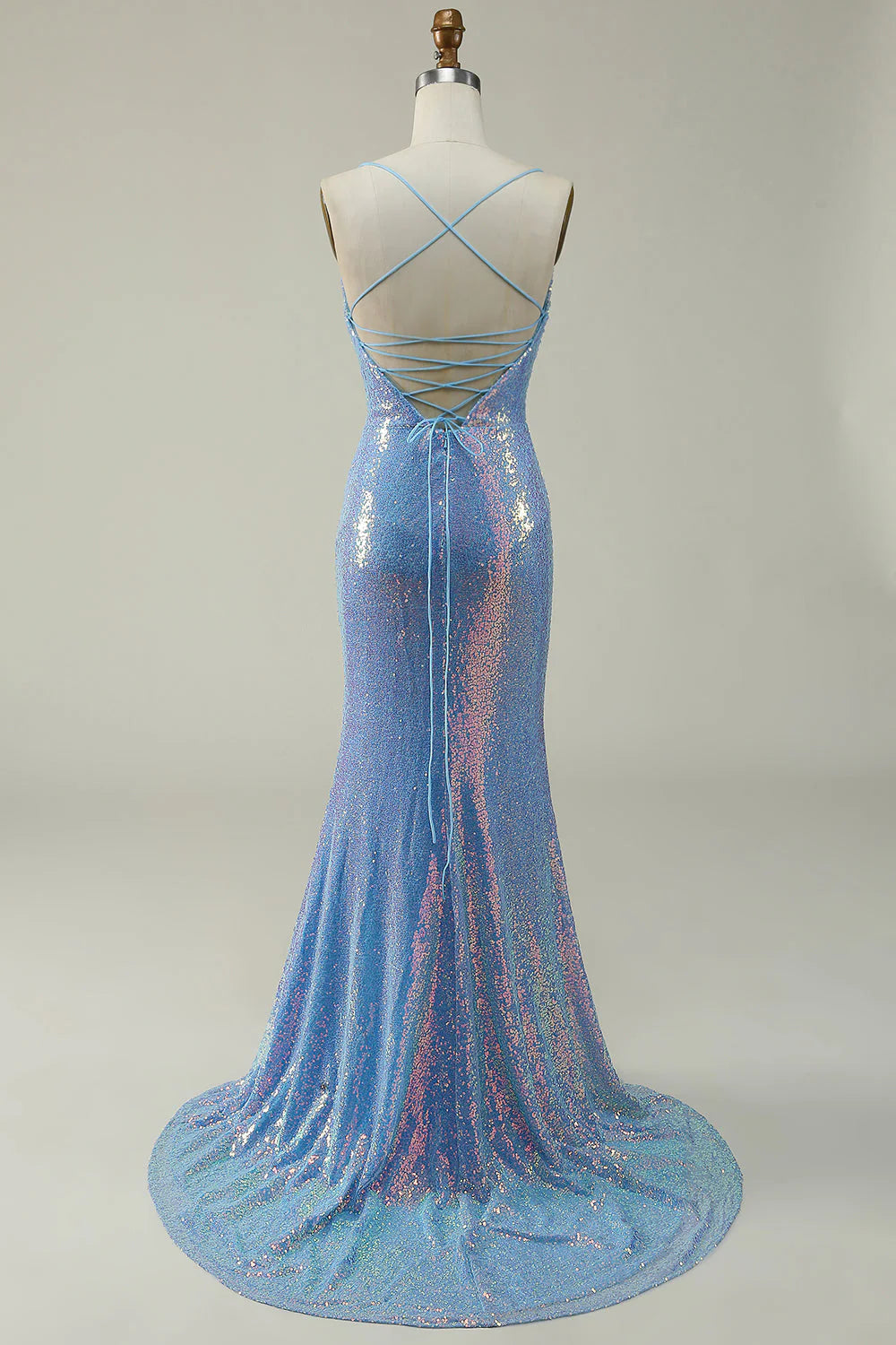 Blue Square Neck Sequined Spaghetti Straps Pleats Mermaid Prom Dress With Split Fork