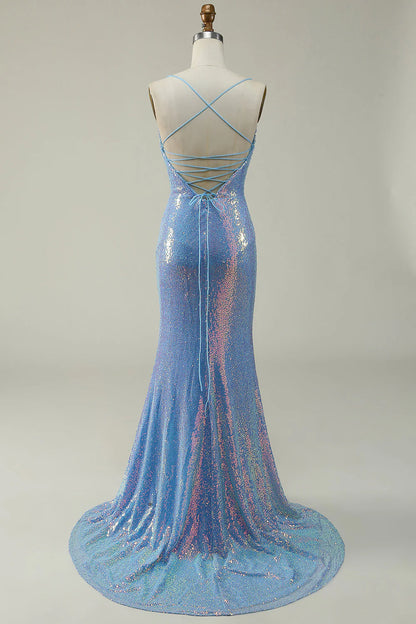 Blue Square Neck Sequined Spaghetti Straps Pleats Mermaid Prom Dress With Split Fork
