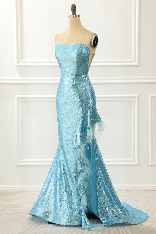 Strapless Blue Off-the-Shoulder Sequin Mermaid Prom Dress With Feathers