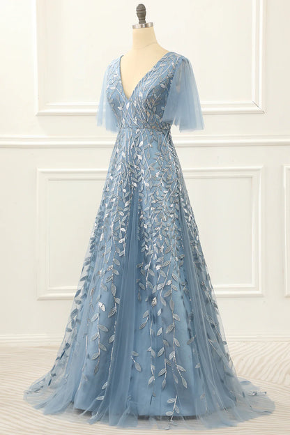 Blue V-Neck A Line Tulle Half Sleeve Prom Dress with Lace Appliques ﻿
