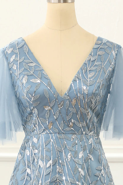 Blue V-Neck A Line Tulle Half Sleeve Prom Dress with Lace Appliques ﻿