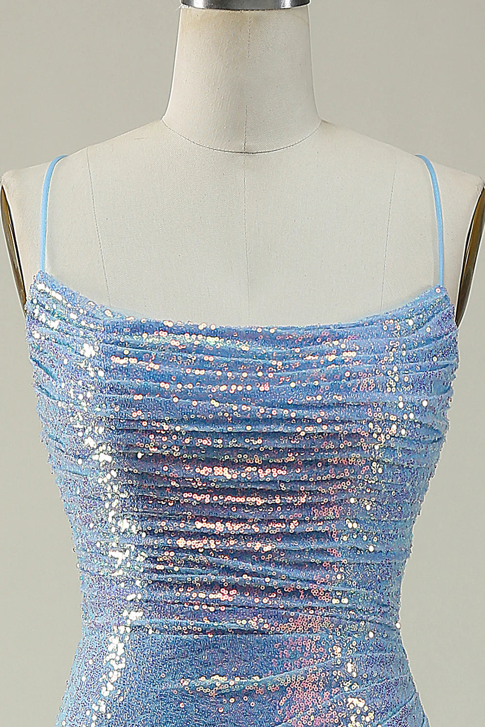 Blue Square Neck Sequined Spaghetti Straps Pleats Mermaid Prom Dress With Split Fork