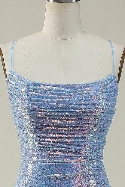Blue Square Neck Sequined Spaghetti Straps Pleats Mermaid Prom Dress With Split Fork