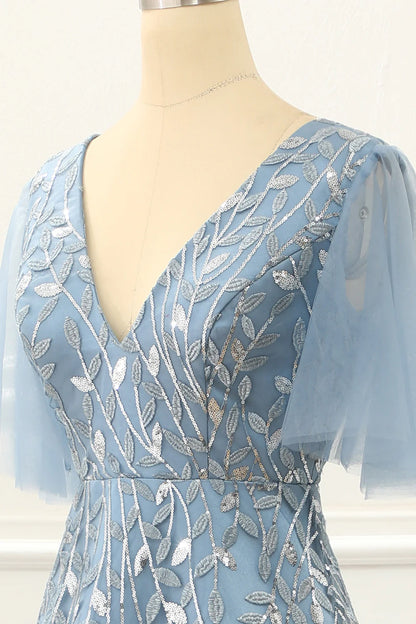 Blue V-Neck A Line Tulle Half Sleeve Prom Dress with Lace Appliques ﻿